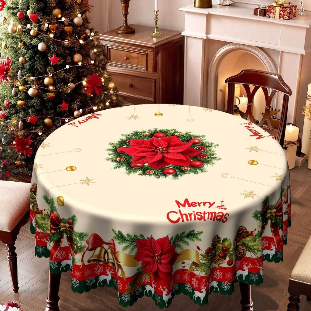Рождественская скатерть, Красная ягода, Зеленая сосновая ветка, Снежинка, Бант, Венок, Европейское рождественское украшение, Круглая скатерть