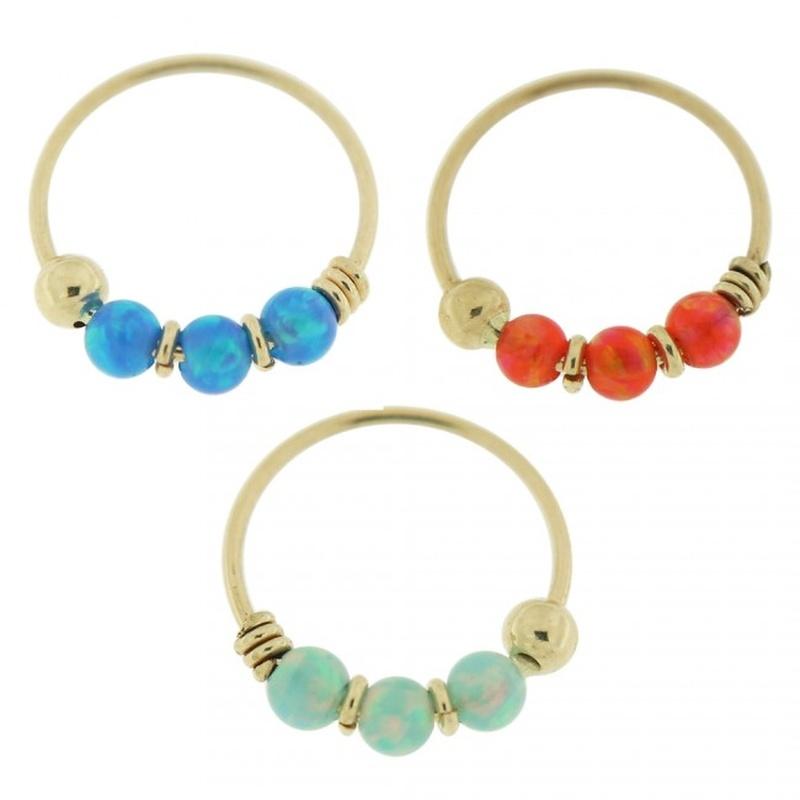 9K Yellow Gold 3 Pieces Opal Stones Hoop Nose Ring In Box - Quality Piercings