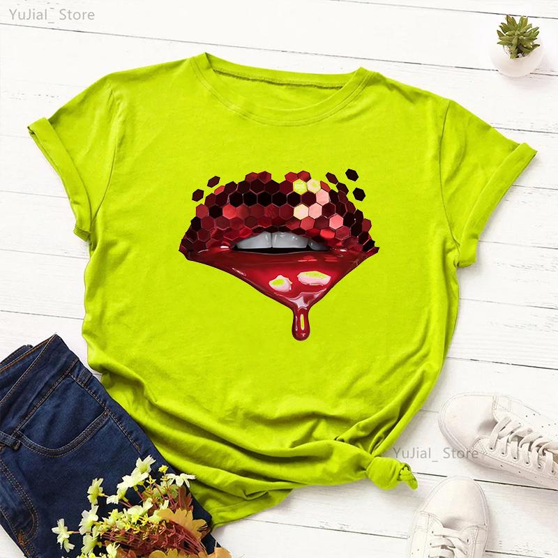 2024 Hot Sale Black T Shirt Unisex Pink Glitter Lips Graphic Print Tshirt Femme Luxurious Makeup Sexy Tshirt Haut Femme