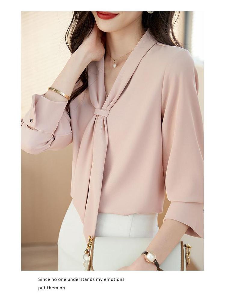 2024 High-End Women's Chiffon Ribbon Blouse - Slimming Long Sleeve, Versatile Spring/Autumn Fashion