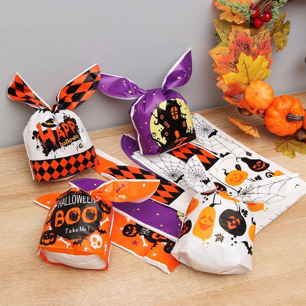 50Pcs Bat Pumpkin Halloween Decoration Cookie Bag Rabbit Ear Halloween Candy Bags Baking Packaging