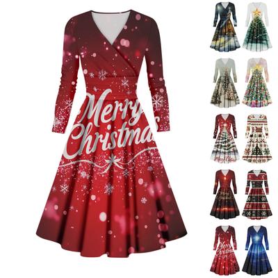 Женское повседневное и модное сексуальное платье с v-образным вырезом и длинными рукавами с рождественским принтом