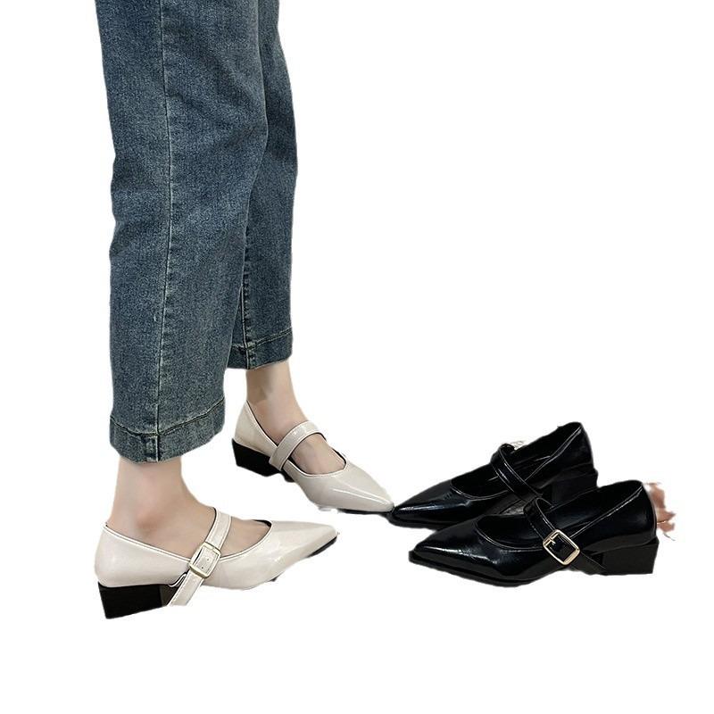 Новые остроносые универсальные туфли на толстом каблуке средней высоты для женщин, с неглубоким вырезом, кожаные туфли-лодочки Мэри Джейн