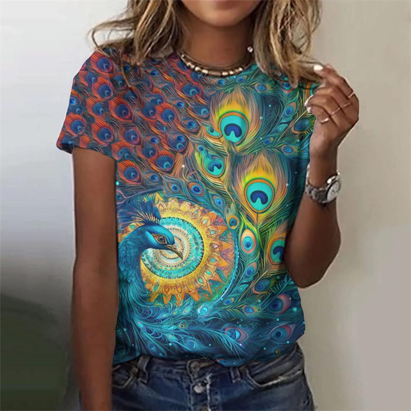 Красивая футболка с узором павлина для женщин, цветочные футболки с 3D-принтом, модные свободные футболки с короткими рукавами и круглым вырезом