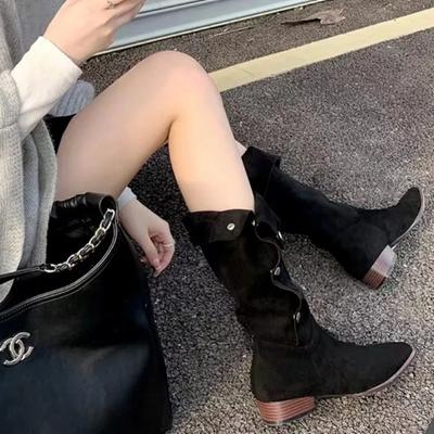 Модные женские ботинки Осень и Зима Новые Остроносые Средней Длины Западные Ботинки Ковбоя Женские Лацкан Плиссированные Наборки Ботинок Женская Обувь Дамы