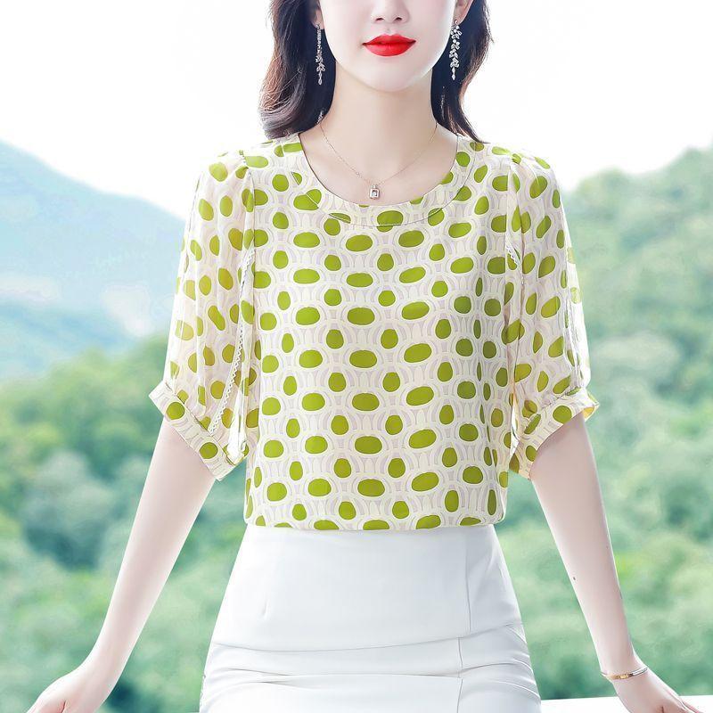 Новый летний топ с короткими рукавами и принтом, модная шифоновая рубашка для мамы, блузка с круглым воротником, M-5XL