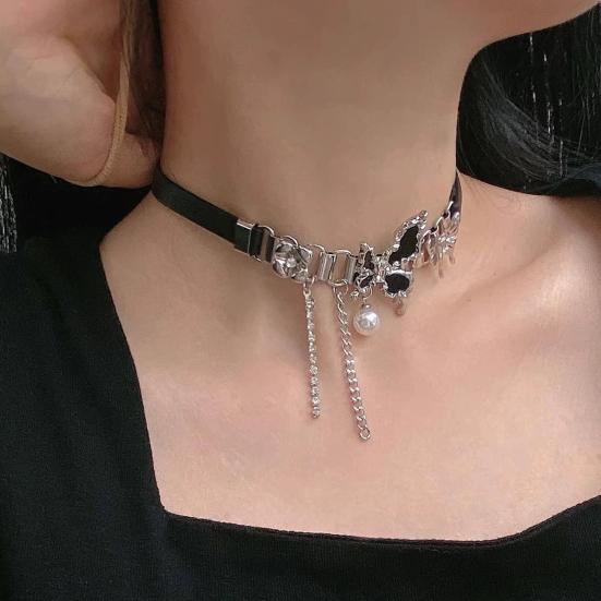 Women Chokder with Butterfly Charm Faux Pearl Hollow Chain Tassel Decor Punk Dark Style Club Party Necklace Faux Leather Adjustable Necklace