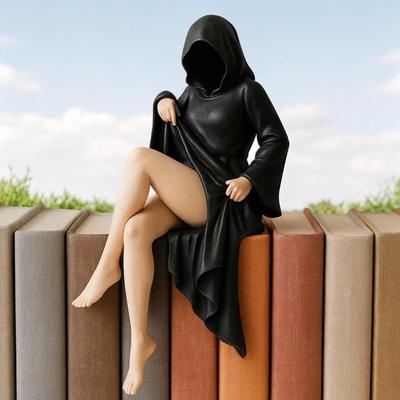 3D Ручная работа Смола Смерть Черная мантия Книжная полка Фигурка Сидящая Таинственная статуя Готическая Жуткая Выставочная скульптура Настольный Домашний декор
