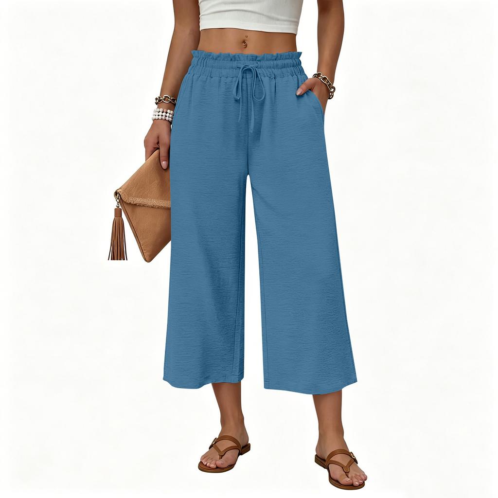 Women's Casual Loose-Fit High-Waisted Cotton-Linen Cropped Pants With Side Pockets