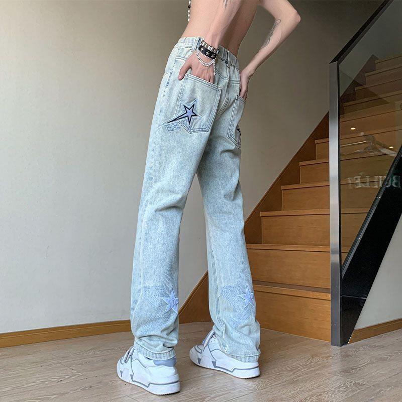 Брюки в американском стиле, уличные голубые джинсы со звездами и вышивкой, мужские брюки прямого кроя с дизайнерским смыслом