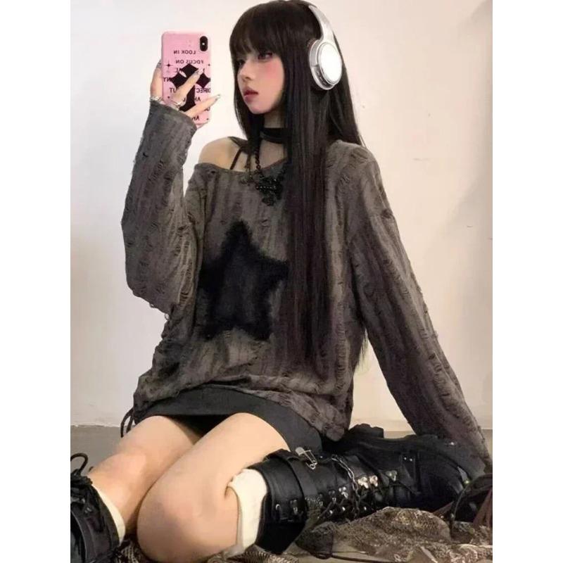 Футболка в стиле гранж, женская модная футболка с принтом звезды Y2k, эстетические свободные футболки Kpop Fairycore, рваная футболка Harajuku, готическая уличная одежда