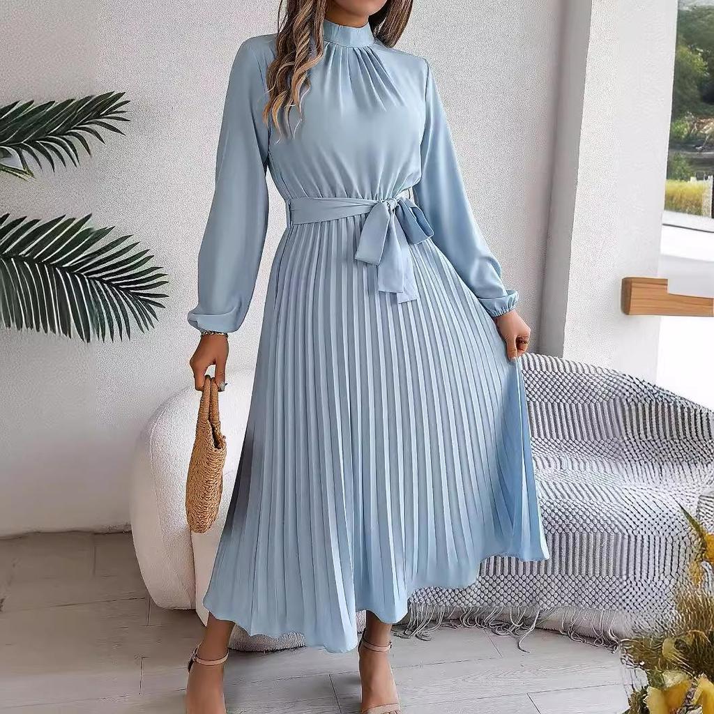 Women's Long Sleeve Maxi Dress Stand Collar High Waist A-Line Dress Loose Solid Color Pleated Long Dress