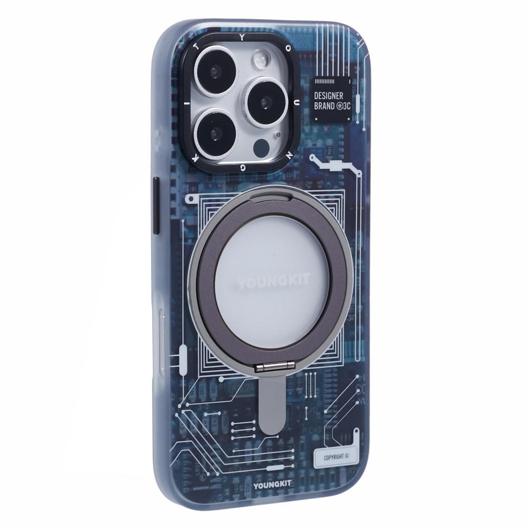 YOUNGKIT Technology Series for iPhone 16 Pro Max Case Magnetic Kickstand IMD PC+TPU Phone Cover