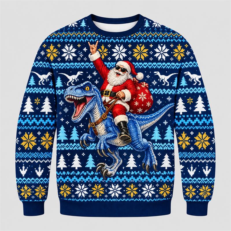 Ugly Christmas Sweatshirt For Unisex Santa Riding Dinosaur Graphic 3D Print Ugly Sweater Autumn Winter Holiday Party Pullover Xmas