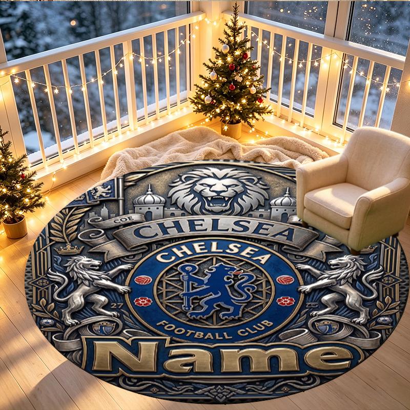 Custom Name Personalized Chelsea Football Club Print Round Rug, Versatile Home Decor Carpet, for Playroom, Apartment, Balcony, Entryway, Hallway Gift