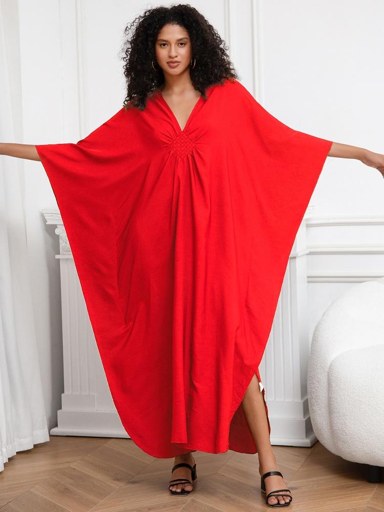 EDOLYNSA Red Women's Kaftan Long Dress Robe Holiday Cover Up Bat Sleeves Beach Dress Lounge wear Q1306