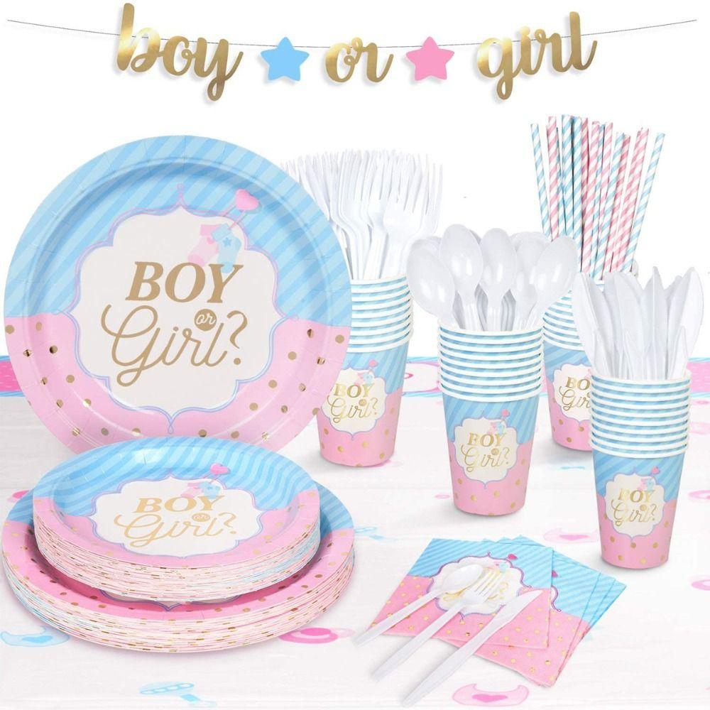 Decoration Banner Baby Shower Gender Reveal Paper Plates Party Tableware Paper Cups Cutlery Set