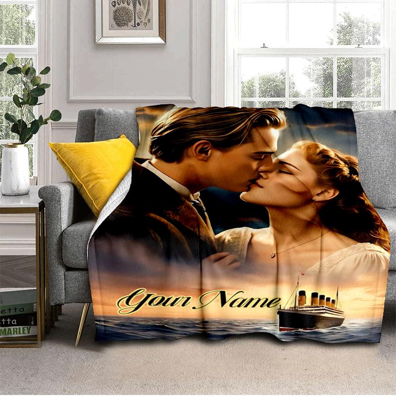 1PC Custom Name Love Titanic flannel blanket versatile, all-season throw suitable for the living room, bedroom, camping, travel, and gift