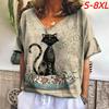 S-8XL Plus Size Women T Shirts Cartoon Cat Graphic Clothing V Neck Short Sleeve Tops Tees Summer Fashion Casual Female Clothing