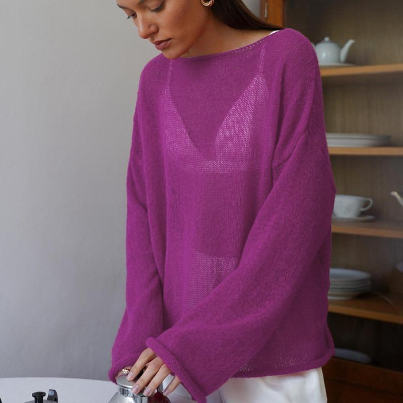 Fashion Hollow Loose Knitted Pullovers T-shirt Women Tops Spring Round Neck Flare Sleeve Women T Shirts Casual Autumn Thin Perspective Sexy Tee 25946