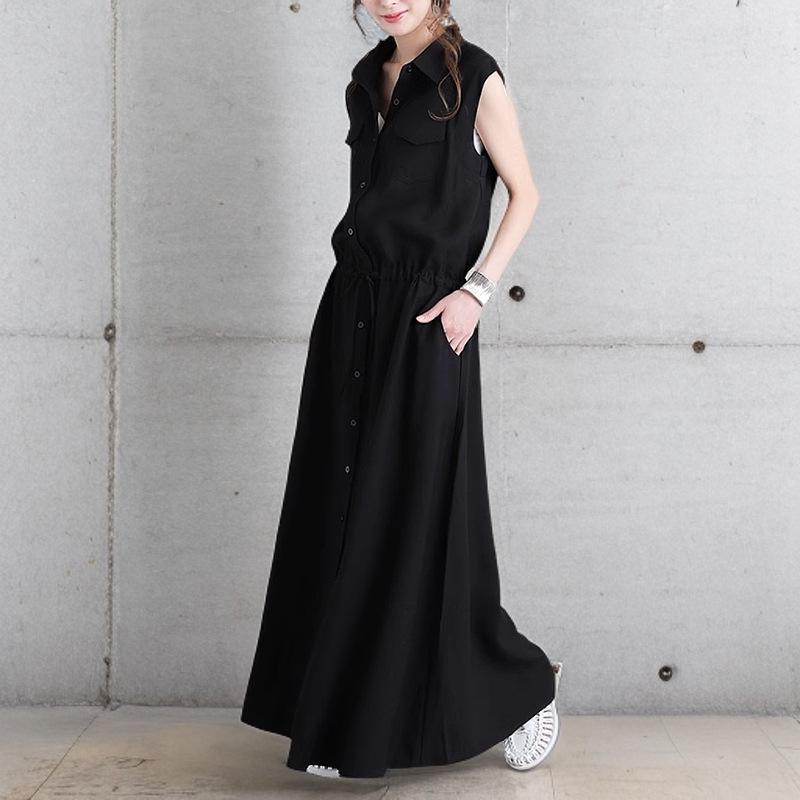 Женское весенне-осеннее платье-макси рубашечного кроя с отложным воротником - Длинный рукав, Однотонное, Повседневное