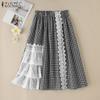 Womens Casual Lace Splice Loose Plaid Long Skirts