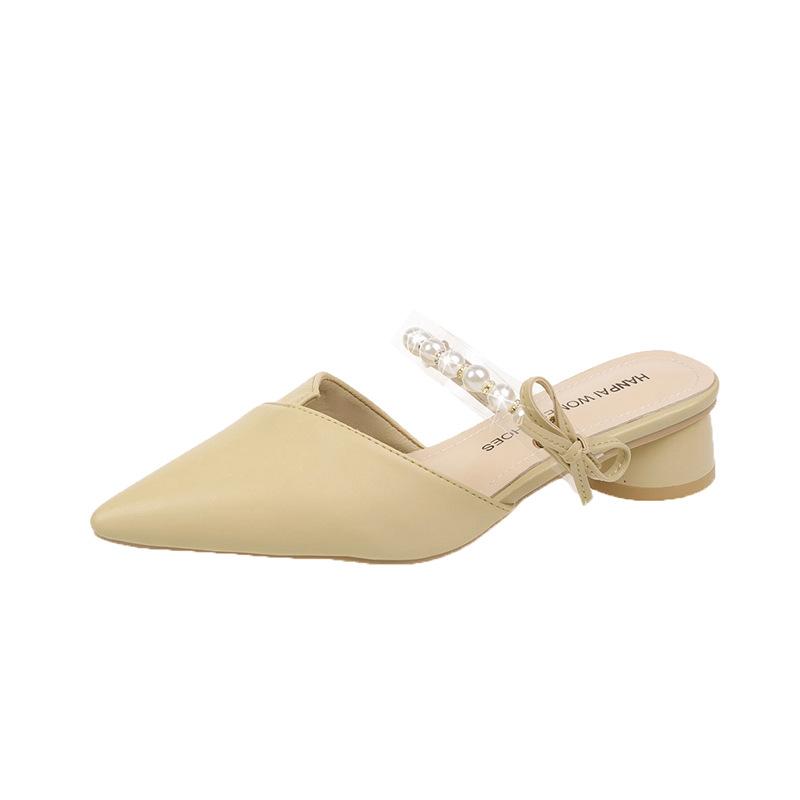 Летние новые корейские тапочки Baotou женские мюли толстый каблук острый нос туфли на высоком каблуке жемчужные полосатые тапочки Pantuflas De Mujer