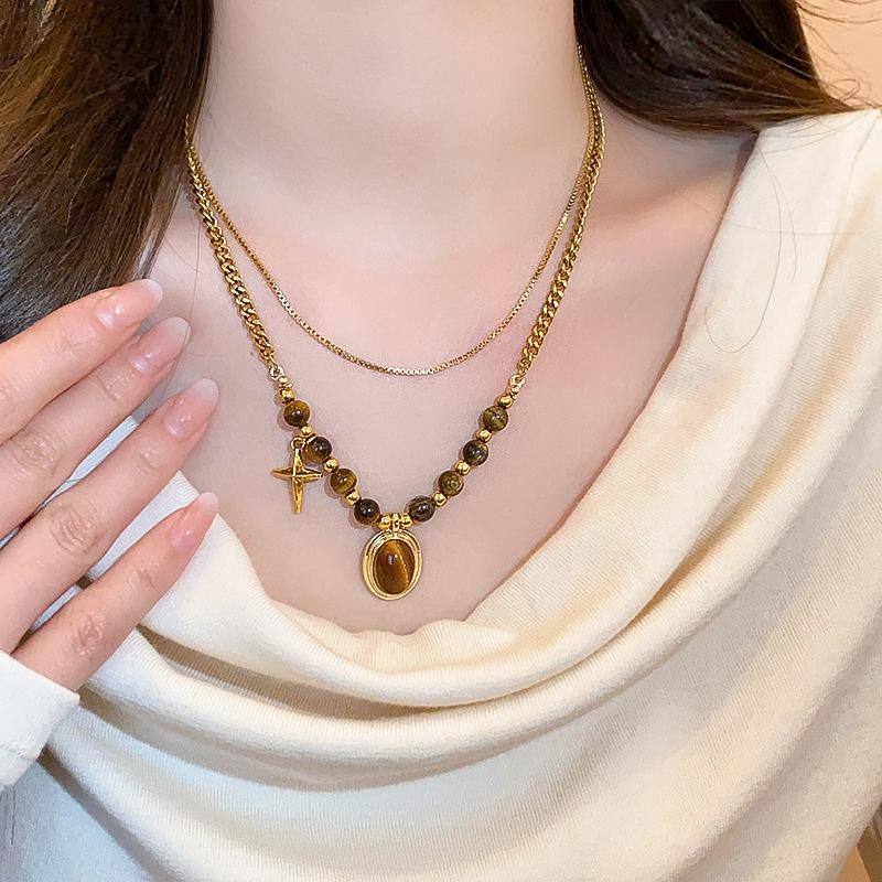 New Double-Layer Brown Stone Pendant Necklace for Women Girls Charm Aesthetic Vintage Tiger Eye Stone Beads Y2K Jewelry Gifts