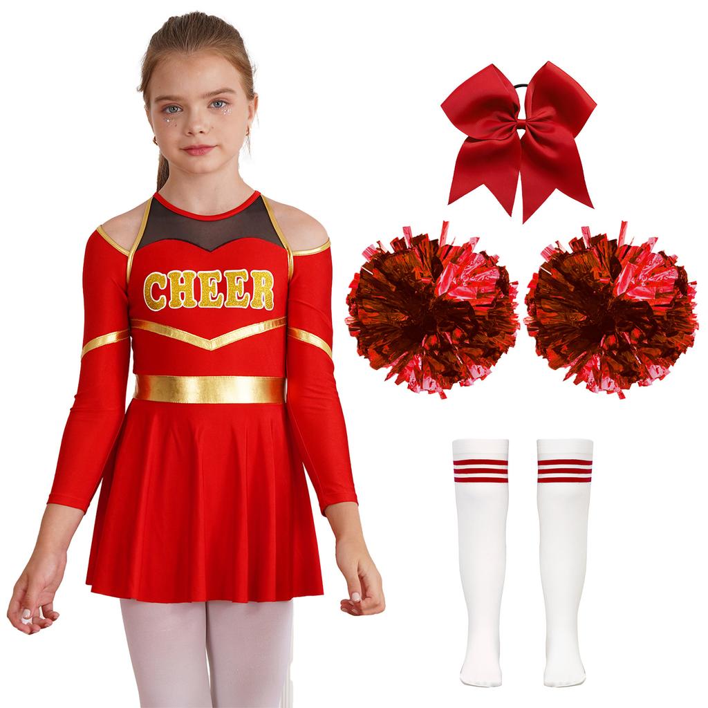 Cheer Leader Halloween Costume for Girls Long Sleeve Dress Outfit with Pom Poms for Cheerleading Dancing