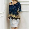 Women Plus Size Asymmetric Cold Shoulder Long Sleeve Blue Purple Gold Fluid Art Print Irregular Wrap Bodycon Midi Dress