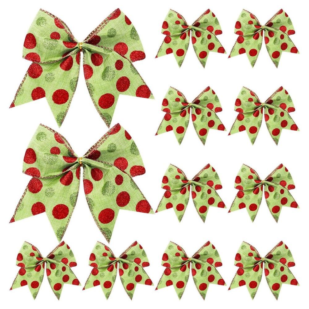 12PC Red and Green Christmas Polka Dot Bow Decorative Bow for Party Festive BowSet Xmas Wreath Holiday Elf Tree Garland Decora
