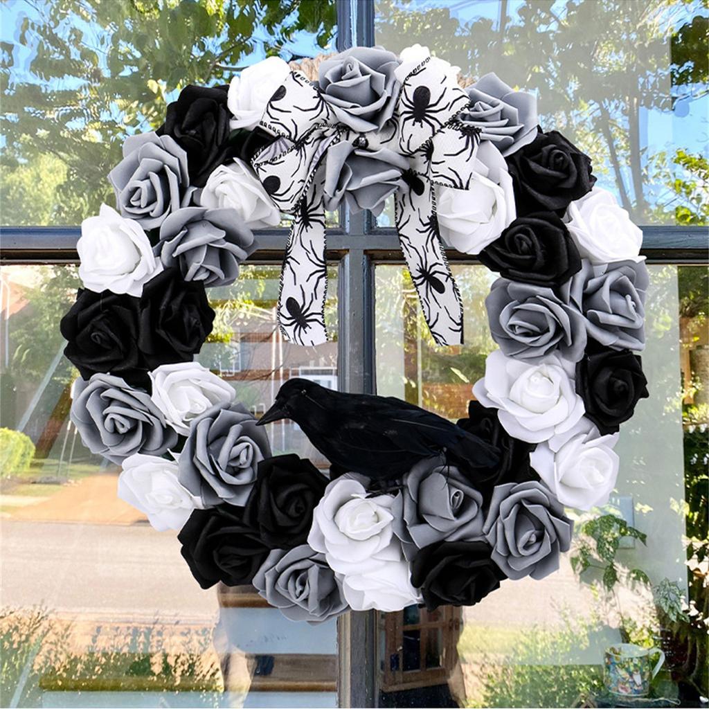 Halloween Wreath Gothic Garlands Front Door Wreath with Black and White Rose Crow Decorative Wreath For Wall Decoration