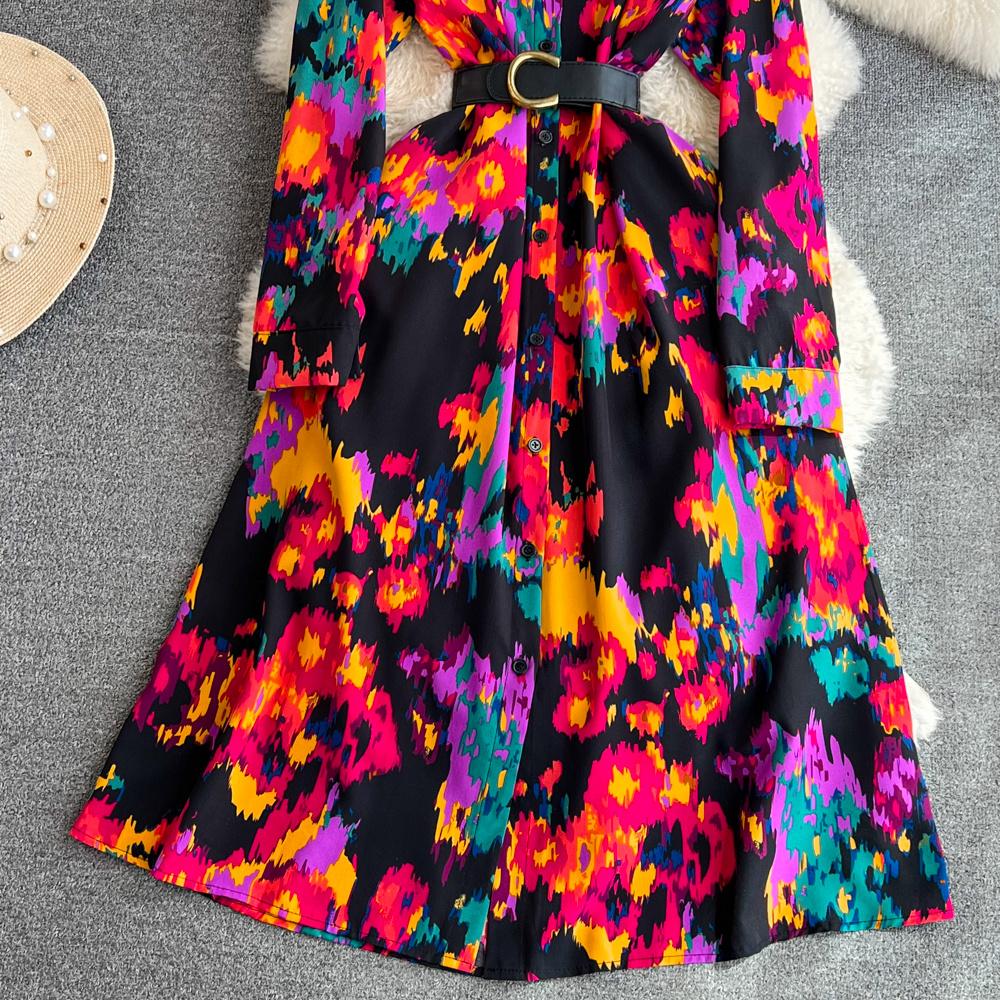 Новое осеннее модное женское платье с цветочным принтом, однобортное однобортное трапециевидное платье с отложным воротником и длинными рукавами, винтажные вечерние платья миди