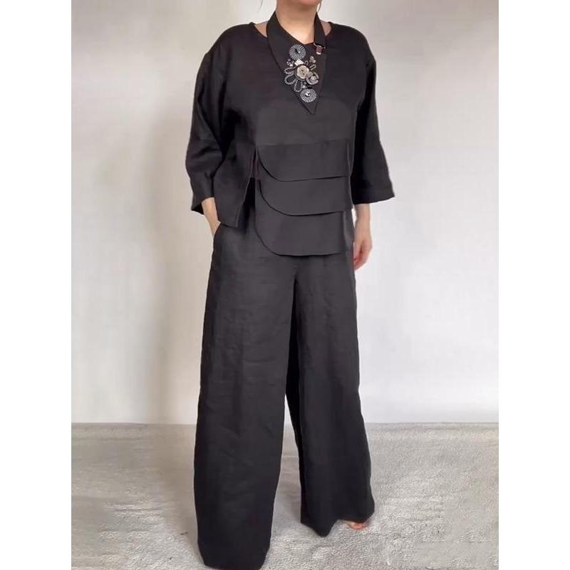 Женский весенне-летний однотонный свободный костюм для офиса, удобный свободный комплект из 2 предметов: футболка с круглым вырезом и брюки