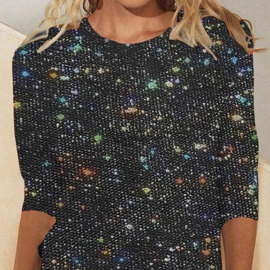 Women T-shirt Crew Neck 3/4 Sleeves Glitter Pullover Tops Shiny Sequins Solid Color Shimmering Blouse
