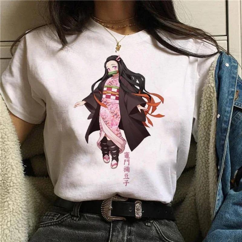Japanese Anime T-shirt Demon Slayer Oversize Women Clothing Nezuko Kawaii Tees Tanjirou O-Neck Graphic Female Tshirt Manga Tops