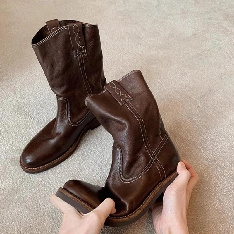Модные женские ковбойские сапоги до середины икры, западные короткие вышитые сапоги с круглым носком на низком каблуке, слипоны, комфортные, для платья, присборенные ботильоны
