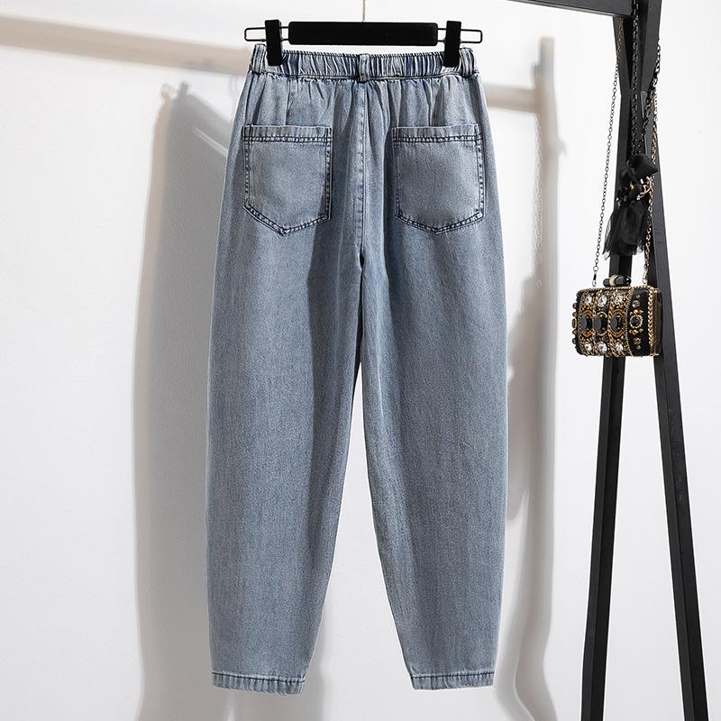 Весна Осень Новые джинсы с эластичной талией женские большие размеры модные шаровары с двойным карманом универсальные свободные брюки длиной до щиколотки