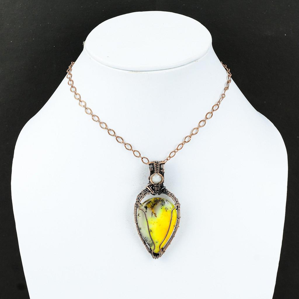 Yellow Dendrite Opal Copper Wire Pendant Copper Wire Wrapped Gemstone Jewelry Moonstone Pendant Handmade Pendant Copper Pendant Gift For Mom