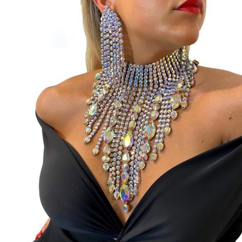 Rhinestone Necklace Set Female, European and American Sexy Exaggerated Necklace Tassel Earrings Jewelry Set