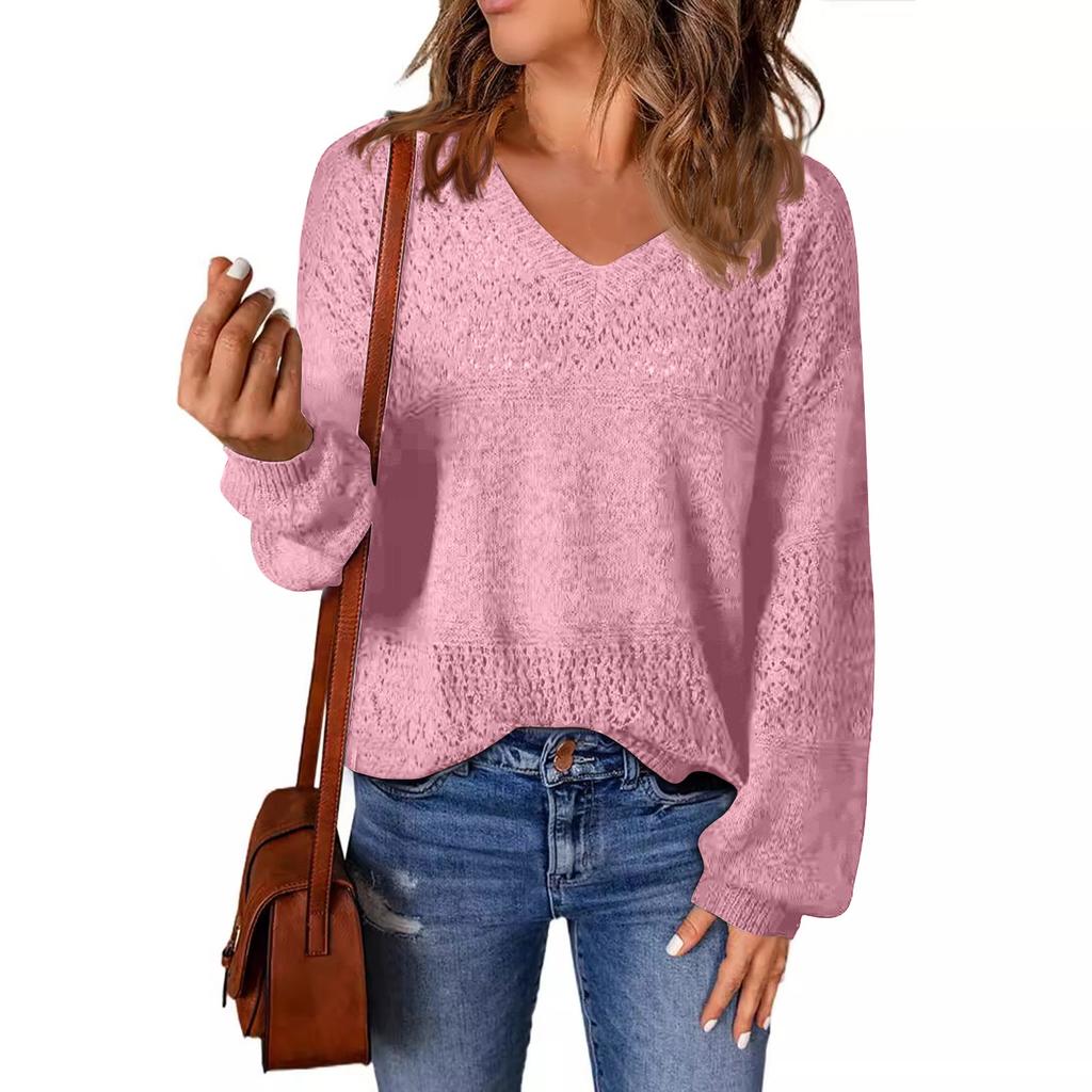 Модный свитер женский осенний однотонный пуловер свободный V-образный вязаный топ