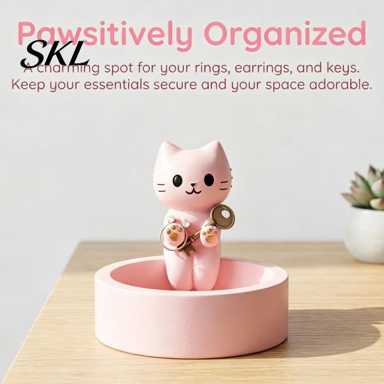 Small Jewelry Storage Box Cute Cat Tray, with Deep Plate Slot, Pink Matte Finish Holder Resin Decorative Ornament, for Dressing Table And Keys