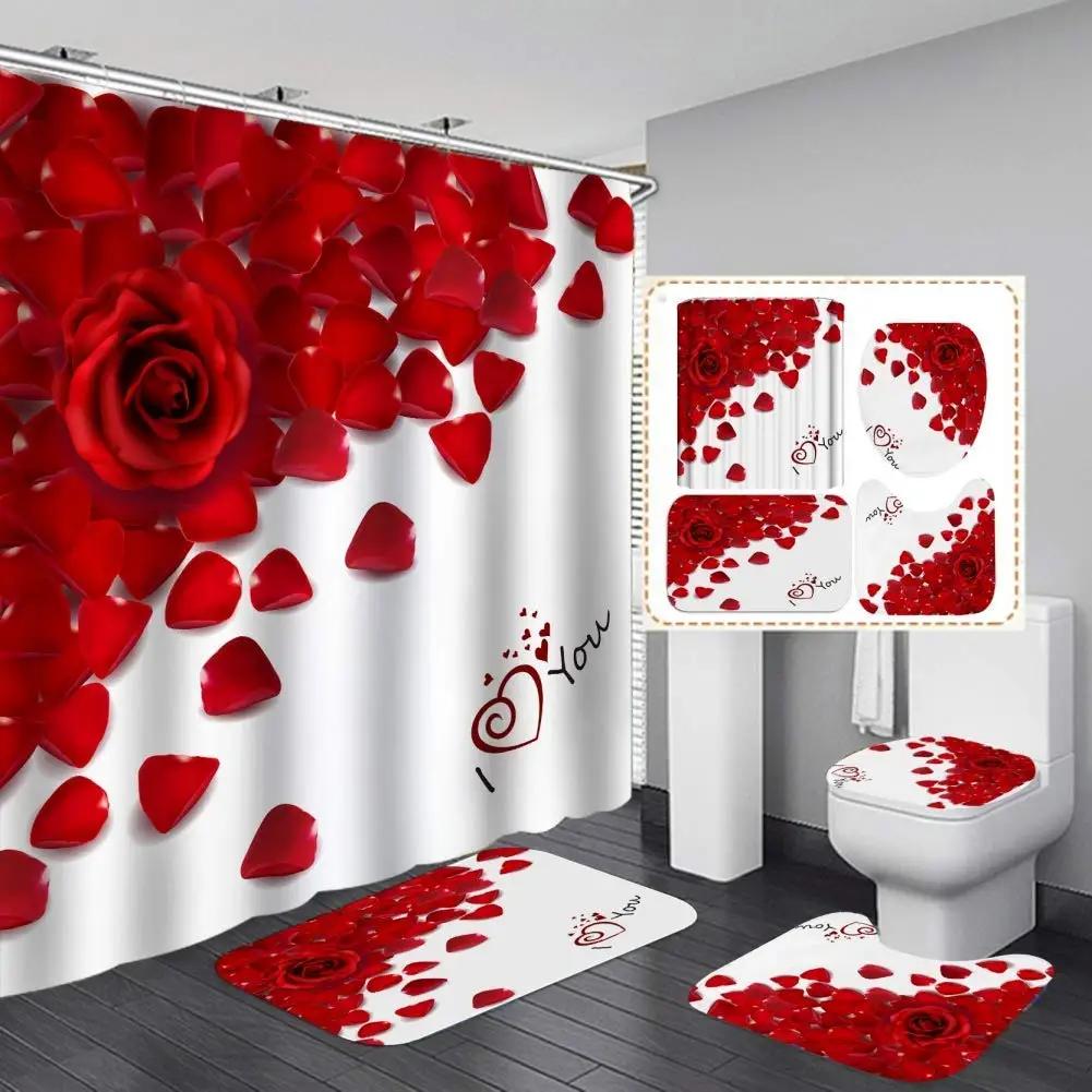 Red Rose Flowers Bathroom Curtains Black Fabric Shower Curtain Set Bath Mats Rugs Toilet Lid Cover Anti-Skid Carpet Home Decor
