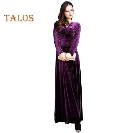 Женское вечернее платье из золотистого бархата с V-образным вырезом, плиссированное А-силуэта, однотонное, с длинными рукавами, длинное платье с высокой талией, вечернее платье макси