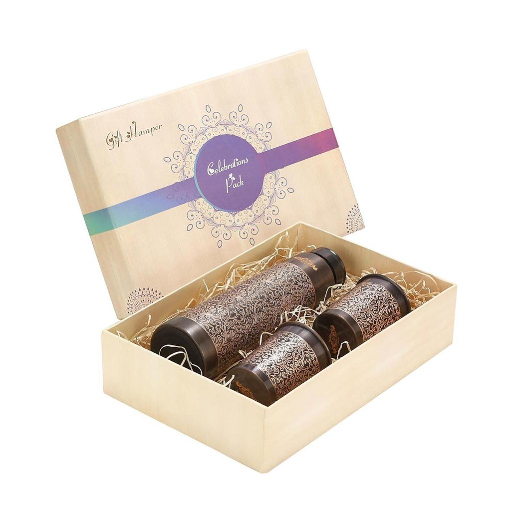 Бутылка из чистой меди с подарочным набором из 2 стеклянных бутылок (Античная Чешущаяся Башня)