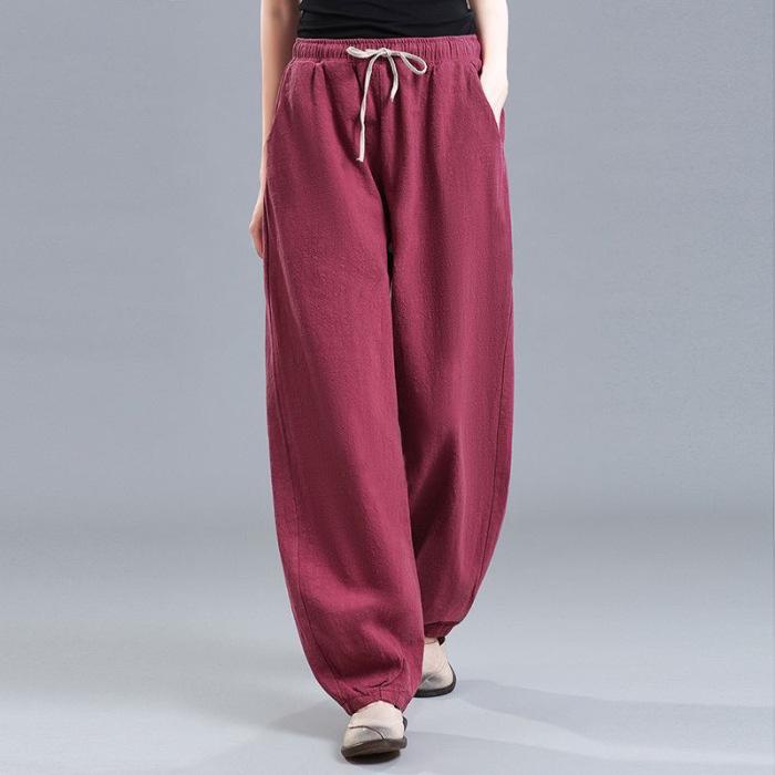 Женские летние брюки Харлан из хлопка с высокой талией и конопли, модные свободные и универсальные брюки-фонарики ярких цветов, большие размеры