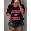 Women's Chicago Letter Print V-Neck Short Sleeve T-Shirt Summer Tee Hole Mesh Jerseys Plus Size Sport T-Shirt