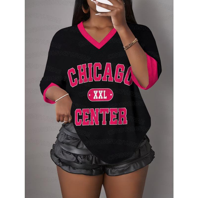 Women's Chicago Letter Print V-Neck Short Sleeve T-Shirt Summer Tee Hole Mesh Jerseys Plus Size Sport T-Shirt
