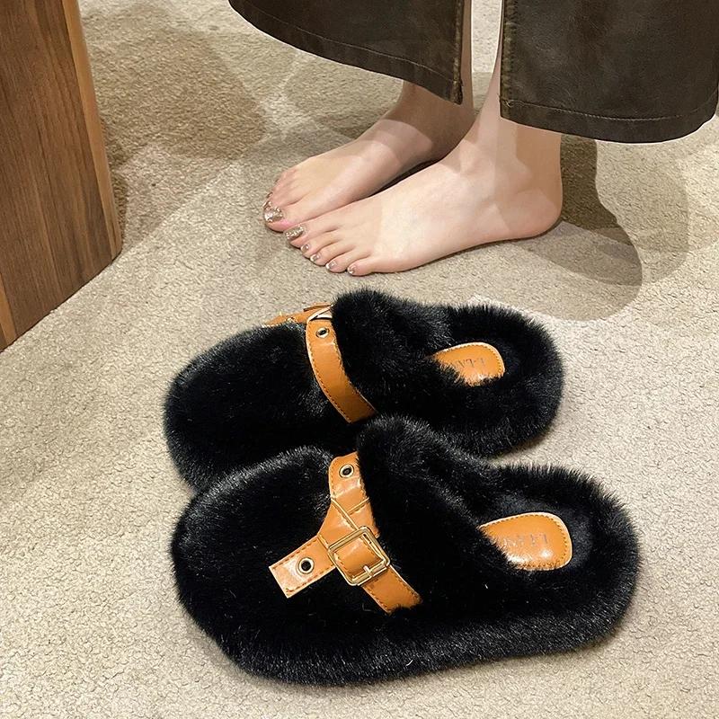 Fashion Slippers Women's Eyelet Buckled Fluffy Winter Slippers Winter Lady Thick Bottom Shoes Thick Flat Bottom Outerwear Plush Slippers
