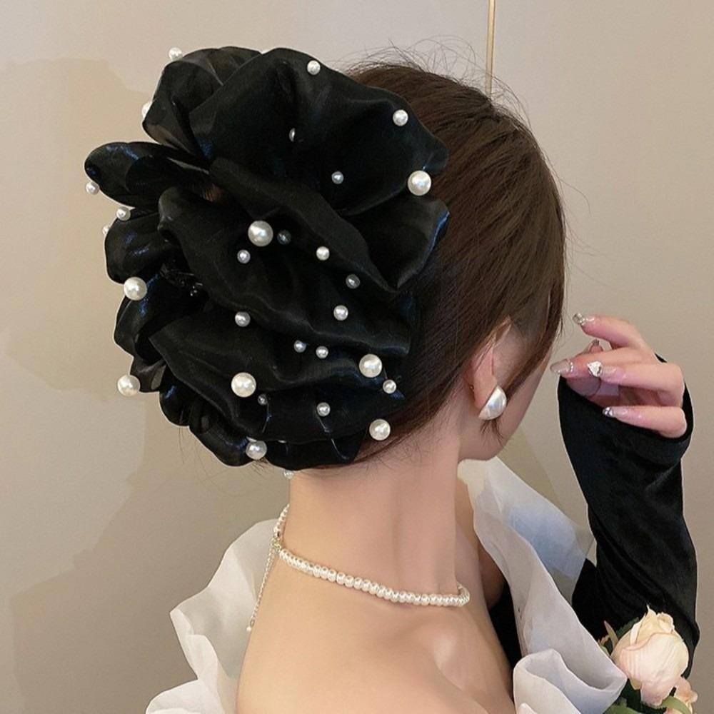 Large Bow Bow Hair Claw Bubble Mesh Pearl Shark Gripper Elegant Hair Clip Women